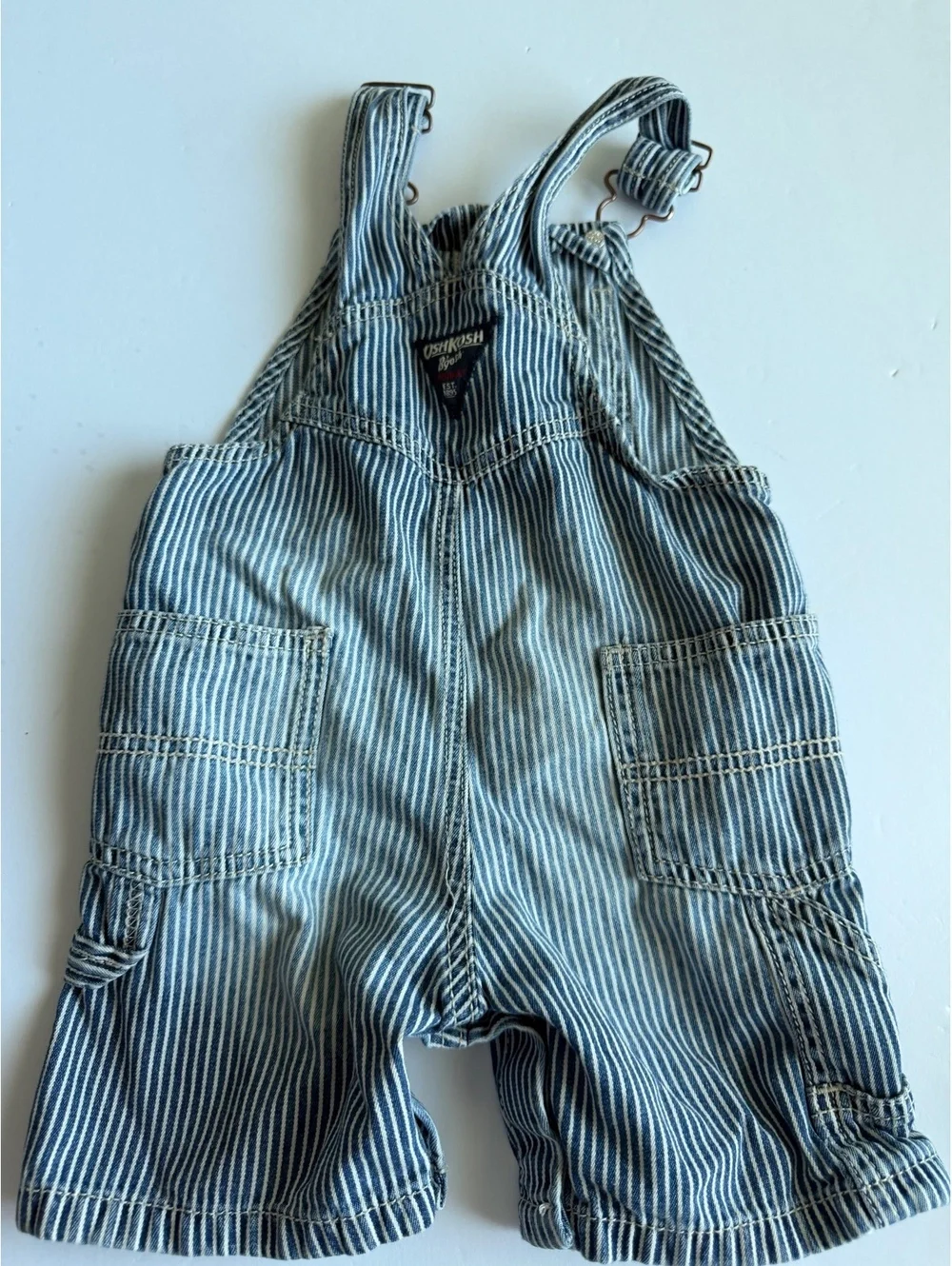 Y2K OshKosh Hickory Stripe Cargo Baby Overalls Shorts Size 18M